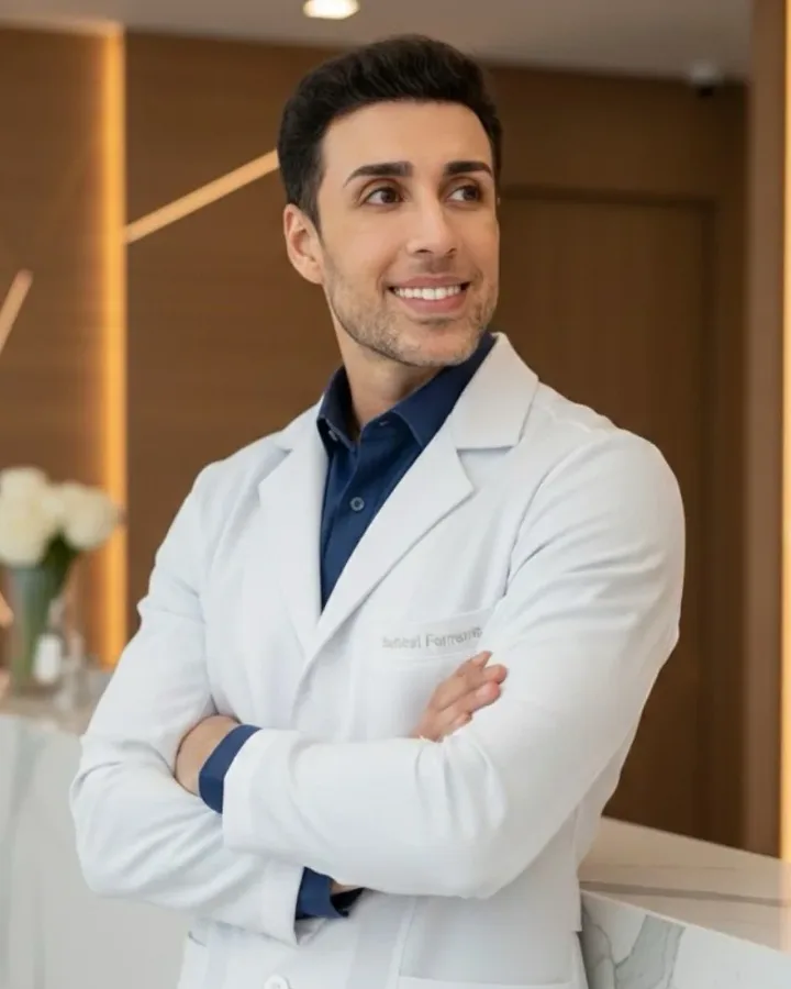 Dr. Rafael Ferreira de jaleco, de braços cruzados, na clínica